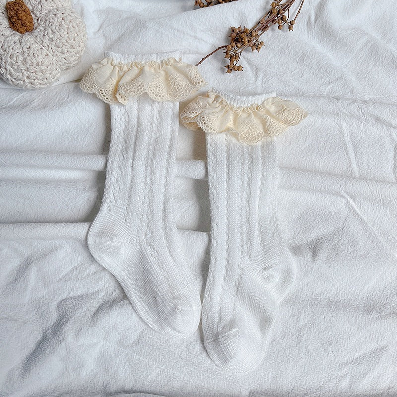 Sosete lungi pentru fetite, Selena - White, diverse marimi, bumbac + elastan