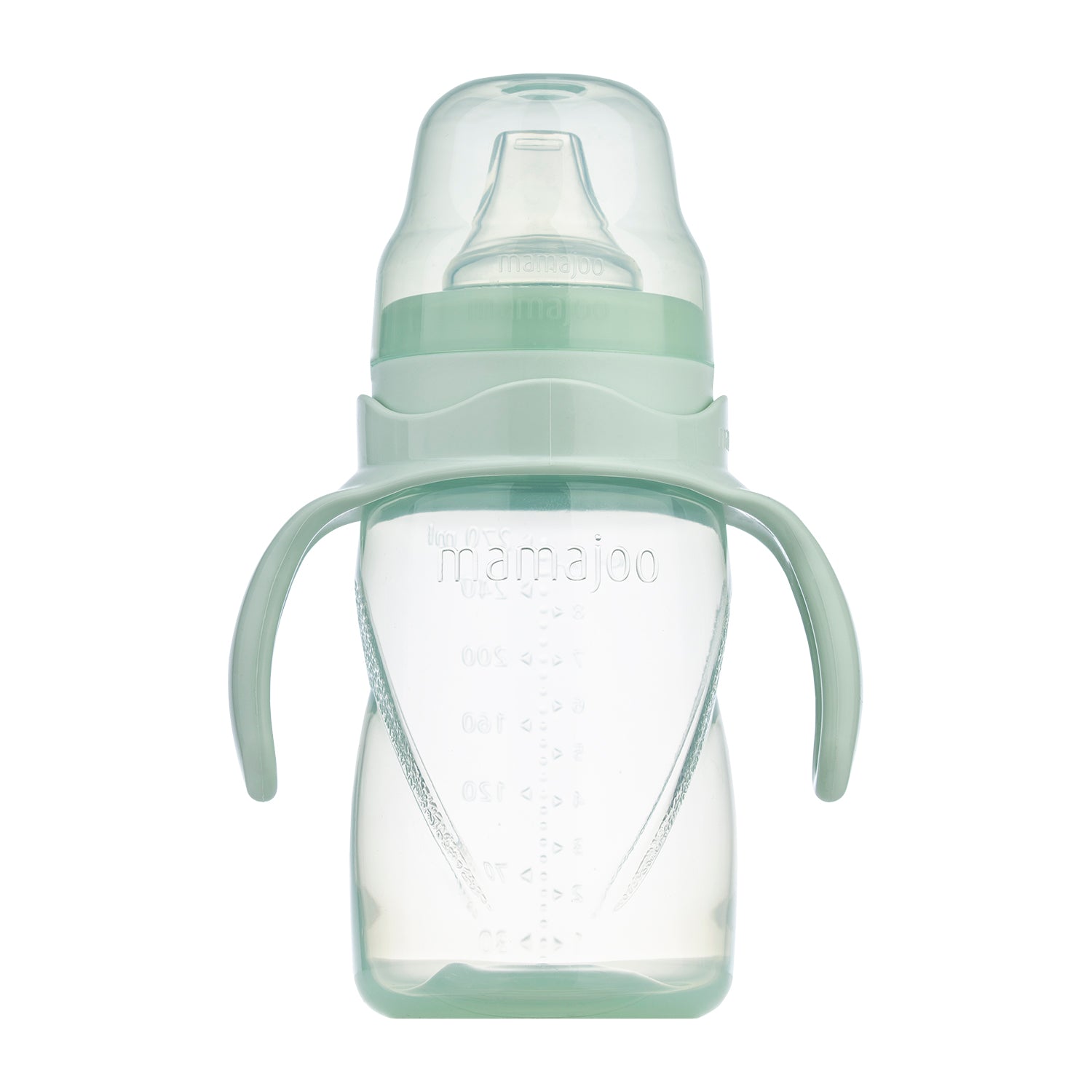 Cana antrenament bebelusi Mamajoo, Verde Pudra, anticurgere/anticolici, 270 ml, 9 luni+, PP + silicon