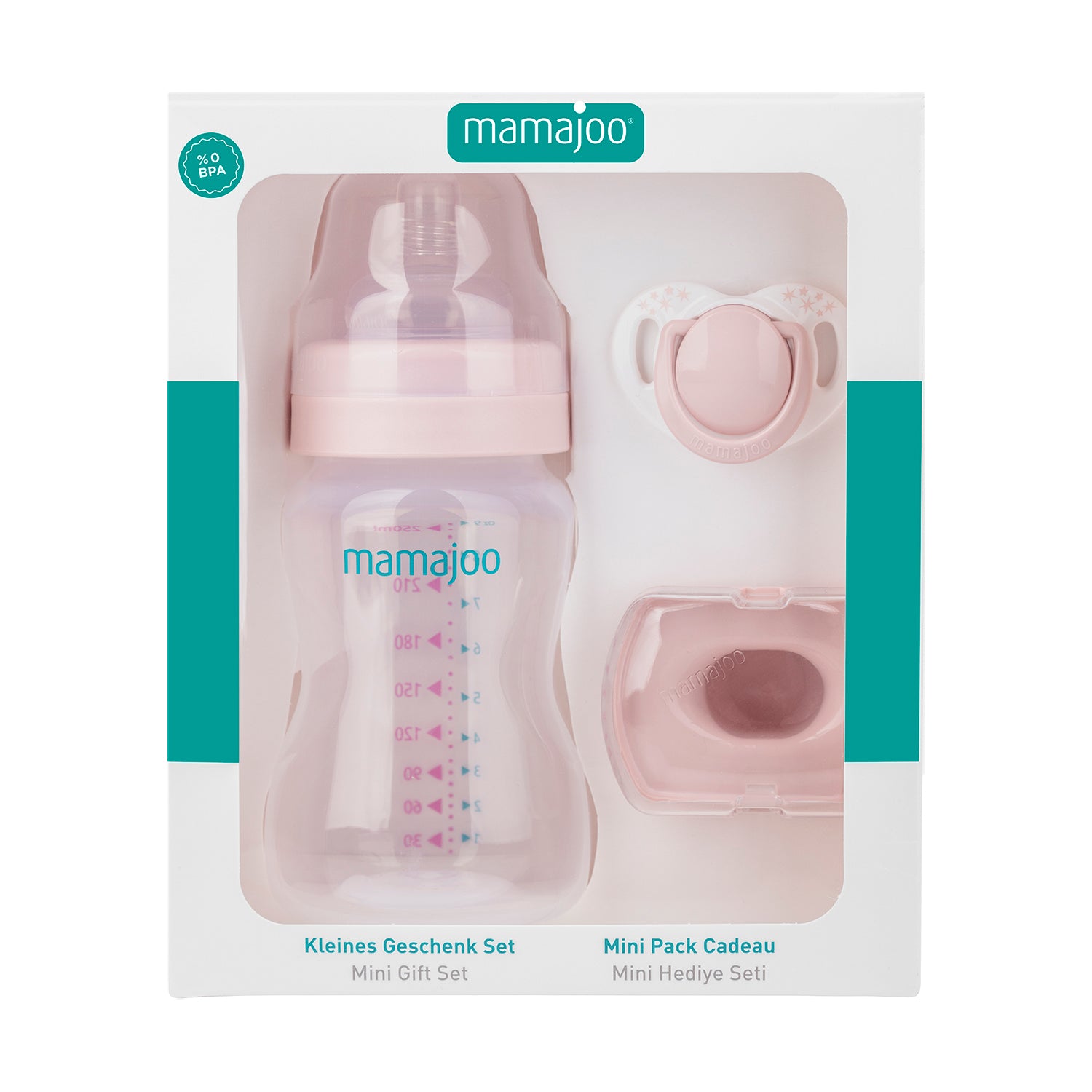 Mini set cadou bebelusi Mamajoo, Roz Pudra, 250 ml/S, 0 luni+, PP + Silicon