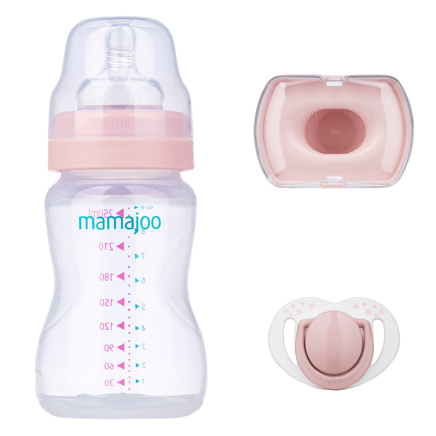 Mini set cadou bebelusi Mamajoo, Roz Pudra, 250 ml/S, 0 luni+, PP + Silicon