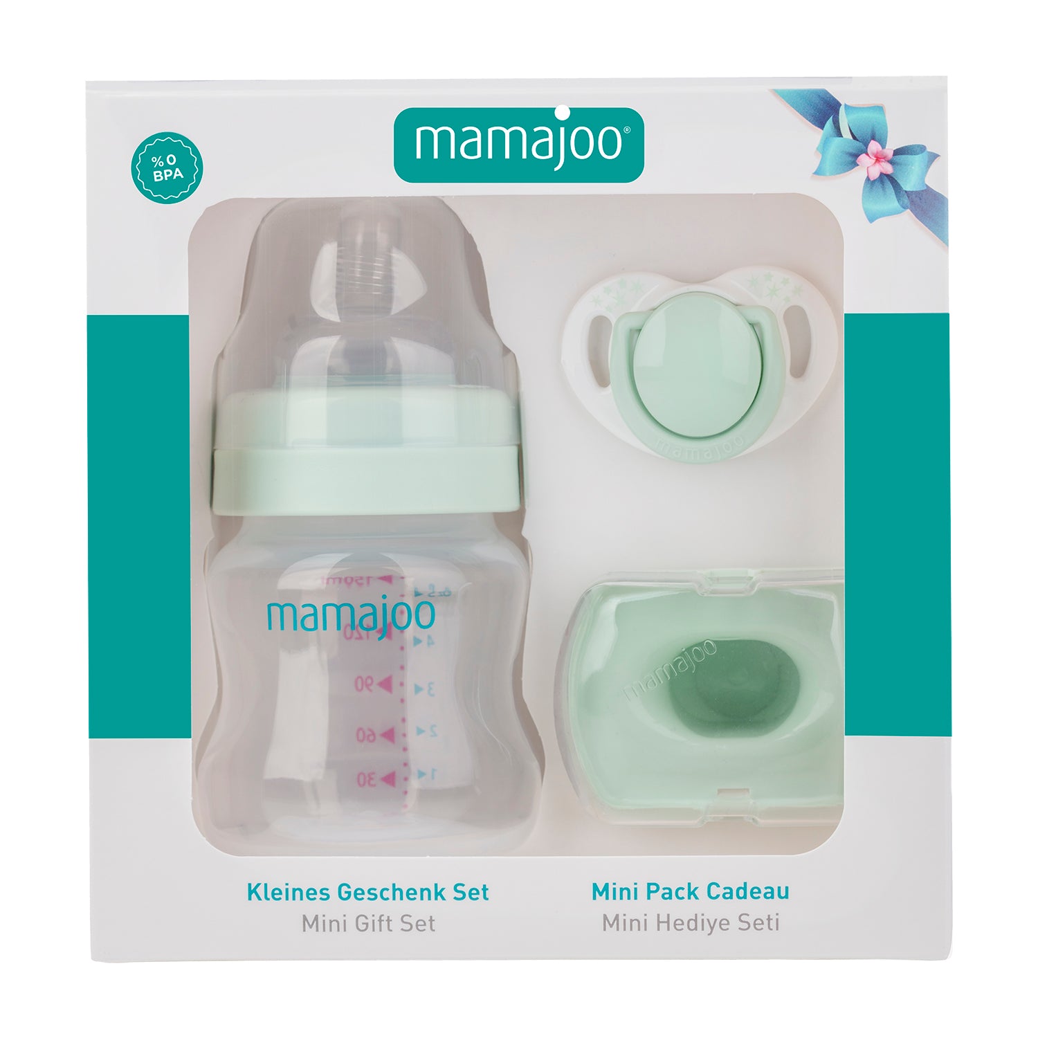 Mini set cadou bebelusi Mamajoo, Verde Pudra, 150 ml/S, 0 luni+, PP + Silicon