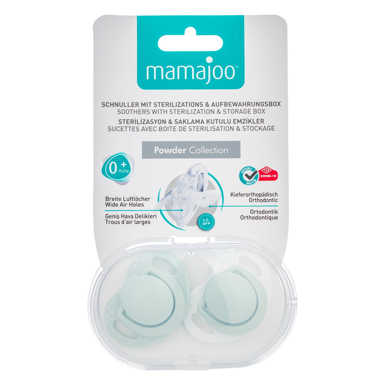 Set 2 suzete ortodontice Mamajoo + cutie sterilizare, Verde Pudra, 0 luni+, silicon+pp