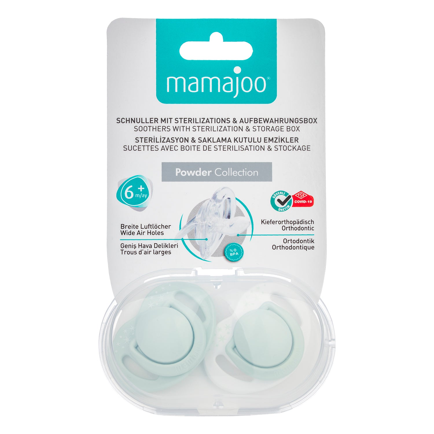 Set 2 suzete ortodontice Mamajoo + cutie sterilizare, Verde Pudra, 6 luni+, silicon+pp