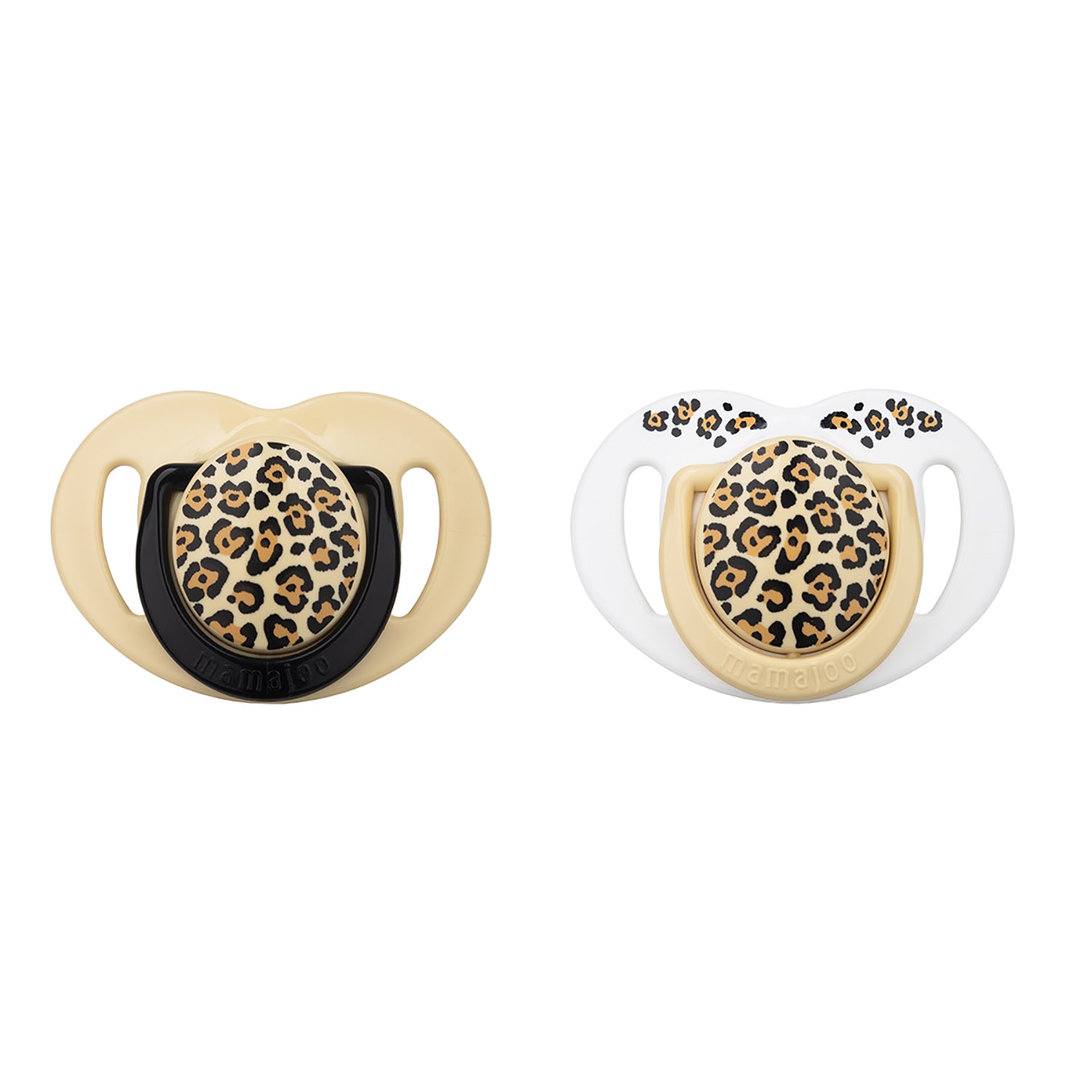 Set 2 suzete ortodontice Mamajoo + cutie sterilizare, Beige Leopard, 6 luni+, silicone+PP