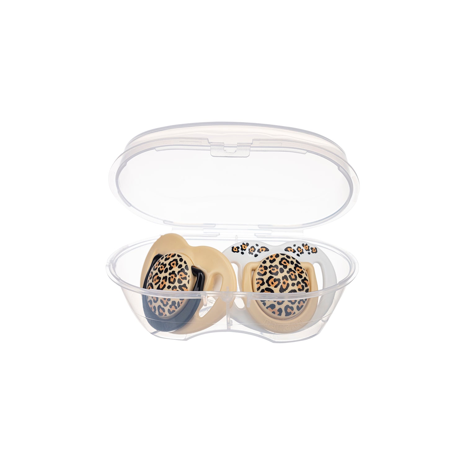 Set 2 suzete ortodontice Mamajoo + cutie sterilizare, Beige Leopard, 6 luni+, silicone+PP