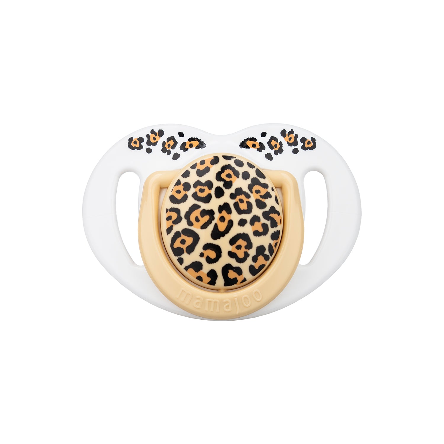 Set 2 suzete ortodontice Mamajoo + cutie sterilizare, Beige Leopard, 6 luni+, silicone+PP
