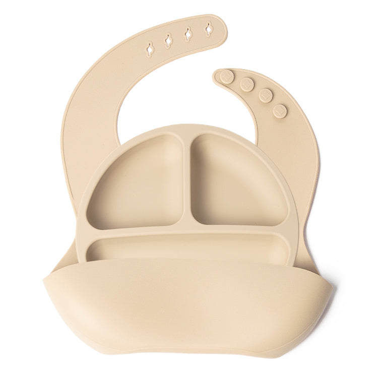 Set bavetica si farfurie din silicon – Beige, 6 luni+