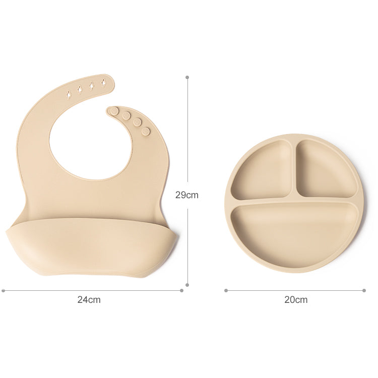 Set bavetica si farfurie din silicon – Beige, 6 luni+