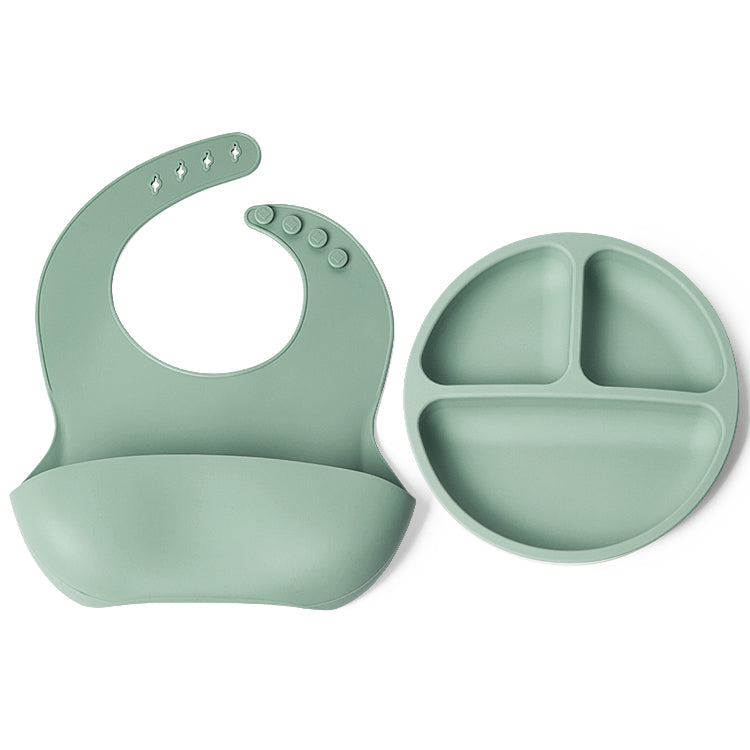 Set bavetica si farfurie din silicon – Green, 6 luni+
