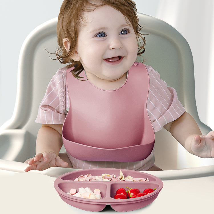 Set bavetica si farfurie din silicon – Pink, 6 luni+