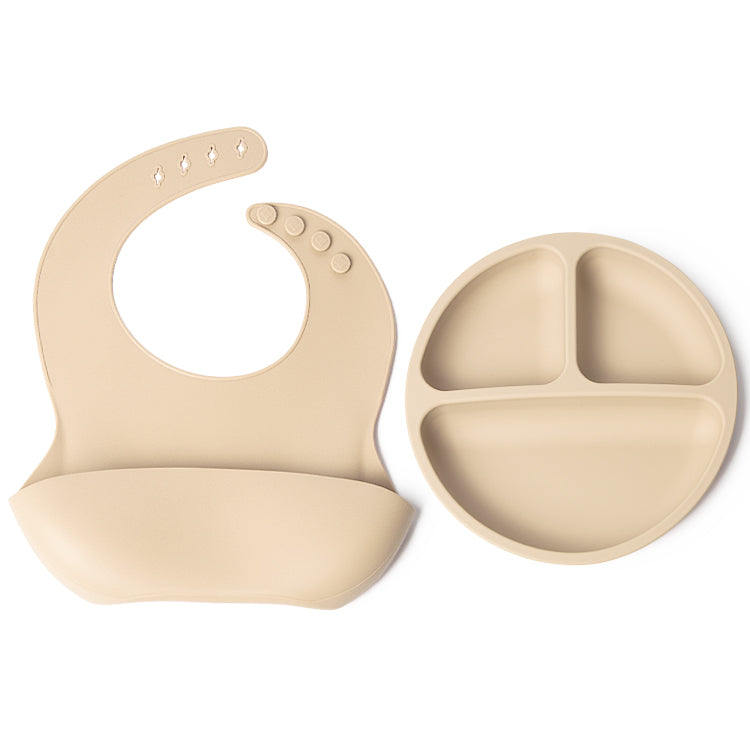 Set bavetica si farfurie din silicon – Beige, 6 luni+