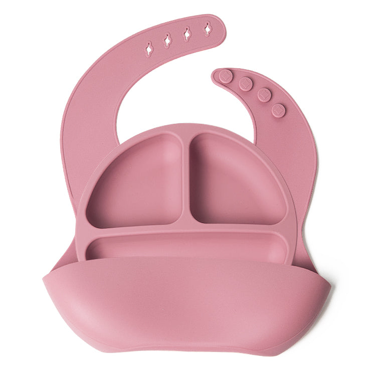 Set bavetica si farfurie din silicon – Pink, 6 luni+