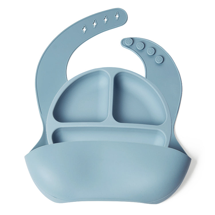 Set bavetica si farfurie din silicon – Blue, 6 luni+