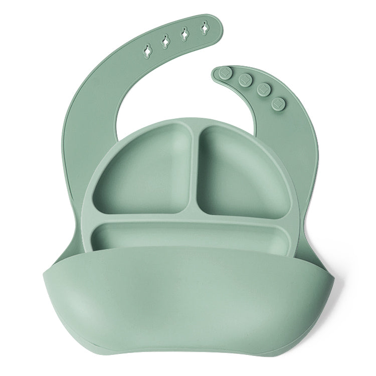 Set bavetica si farfurie din silicon – Green, 6 luni+
