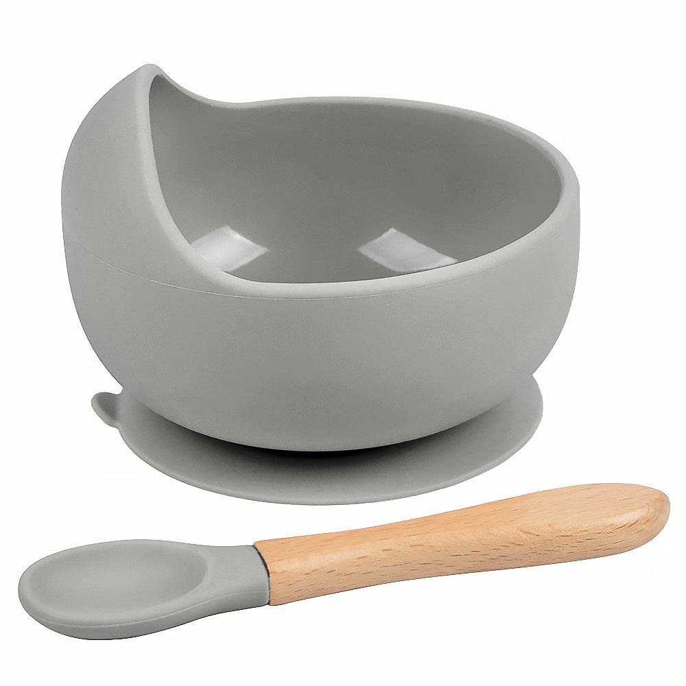 Set diversificare bebelusi  din silicon (bol si lingurita cu maner din lemn) – Light Grey, 6 luni +