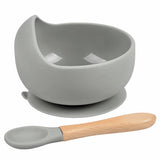 Set diversificare bebelusi  din silicon (bol si lingurita cu maner din lemn) – Light Grey, 6 luni +