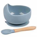 Set diversificare bebelusi  din silicon (bol si lingurita cu maner din lemn)  – Dusty Blue, 6 luni +