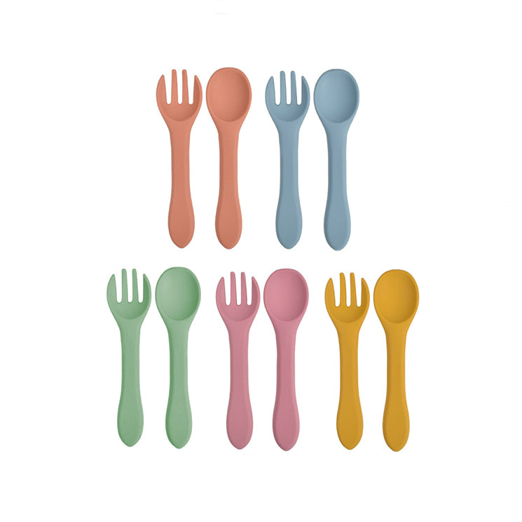 Set tacamuri din silicon pentru bebeluși, linguriță + furculită, diverse culori, 6 luni+