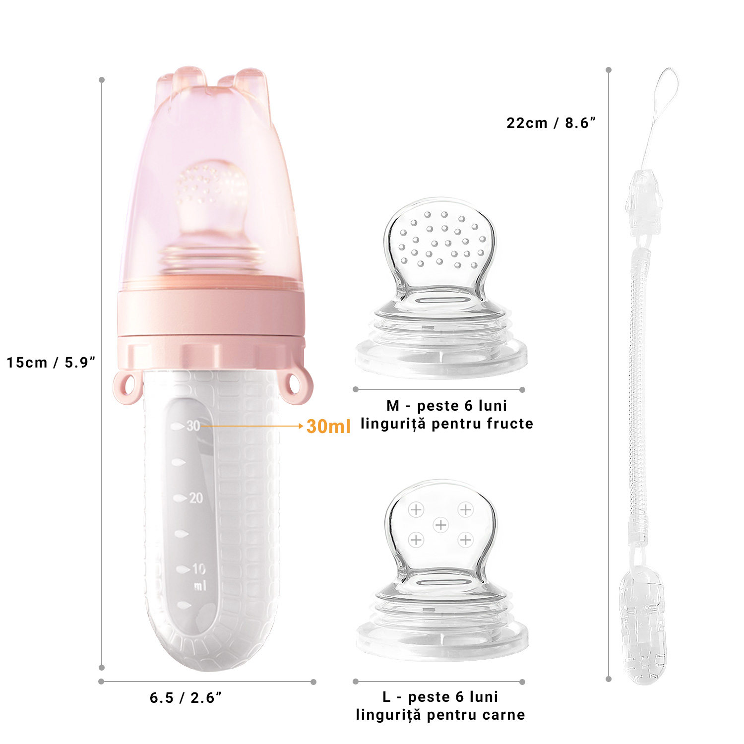 Alimentator pentru fructe Papa Bebe, 6 luni+, diverse culori, silicon, 15x6,5 cm