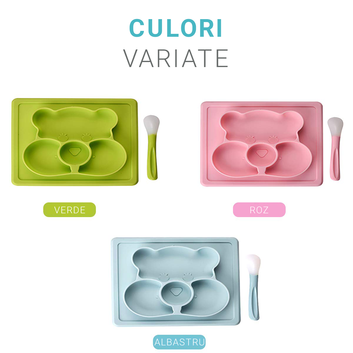 Tăviță pentru diversificarea bebelușului cu lingură Papa Bebe, 4 luni+, diverse culori, silicon, 22.5x20.2.5 cm