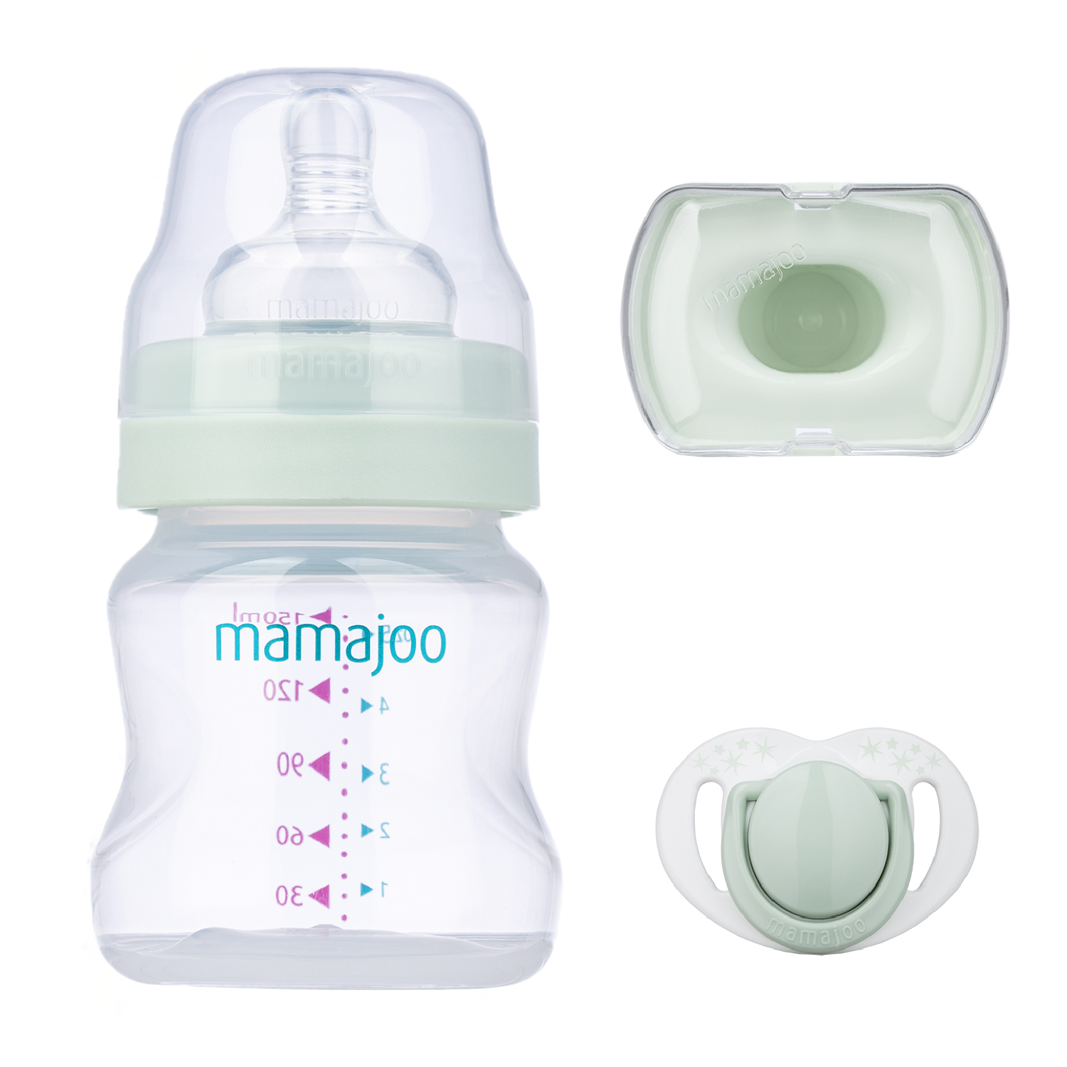 Mini set cadou bebelusi Mamajoo, Verde Pudra, 150 ml/S, 0 luni+, PP + Silicon