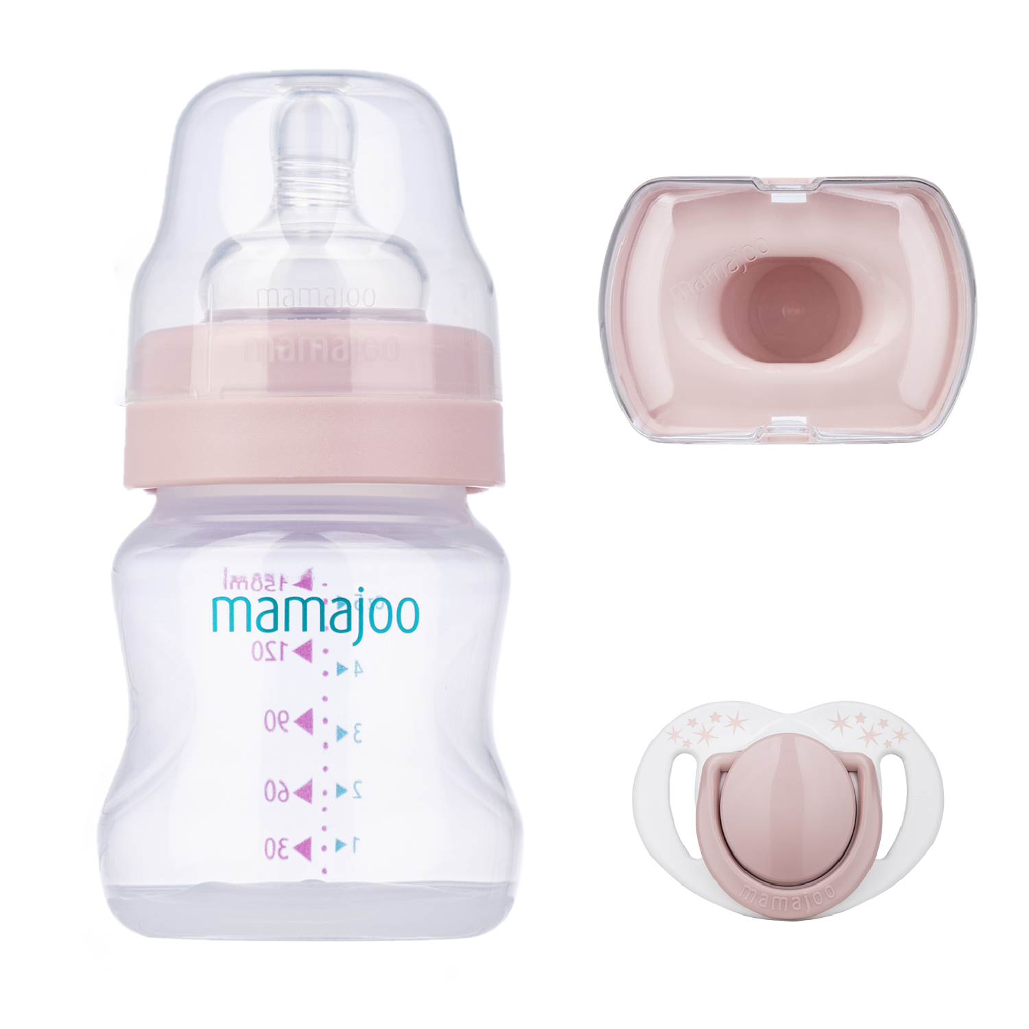 Mini set cadou bebelusi Mamajoo, Roz Pudra, 150 ml/S, 0 luni+, PP + Silicon