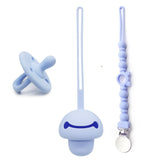Set suzeta dentitie, lantisor si protectie, Model 3 – Pastel Blue, 3 luni+, silicon