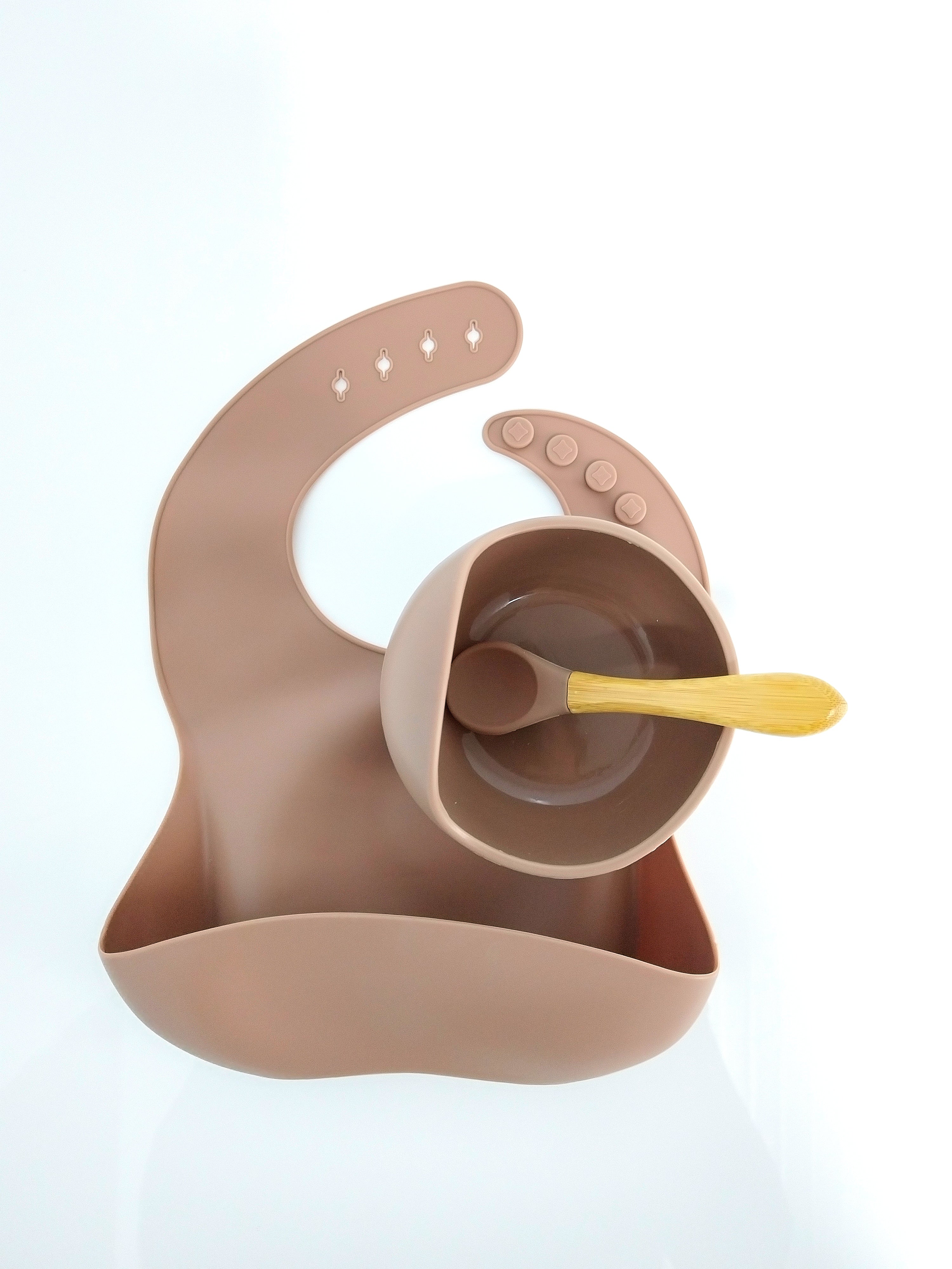 Set diversificare bebelusi (baveta, bol și linguriță) – Brown, 6 luni+, silicon