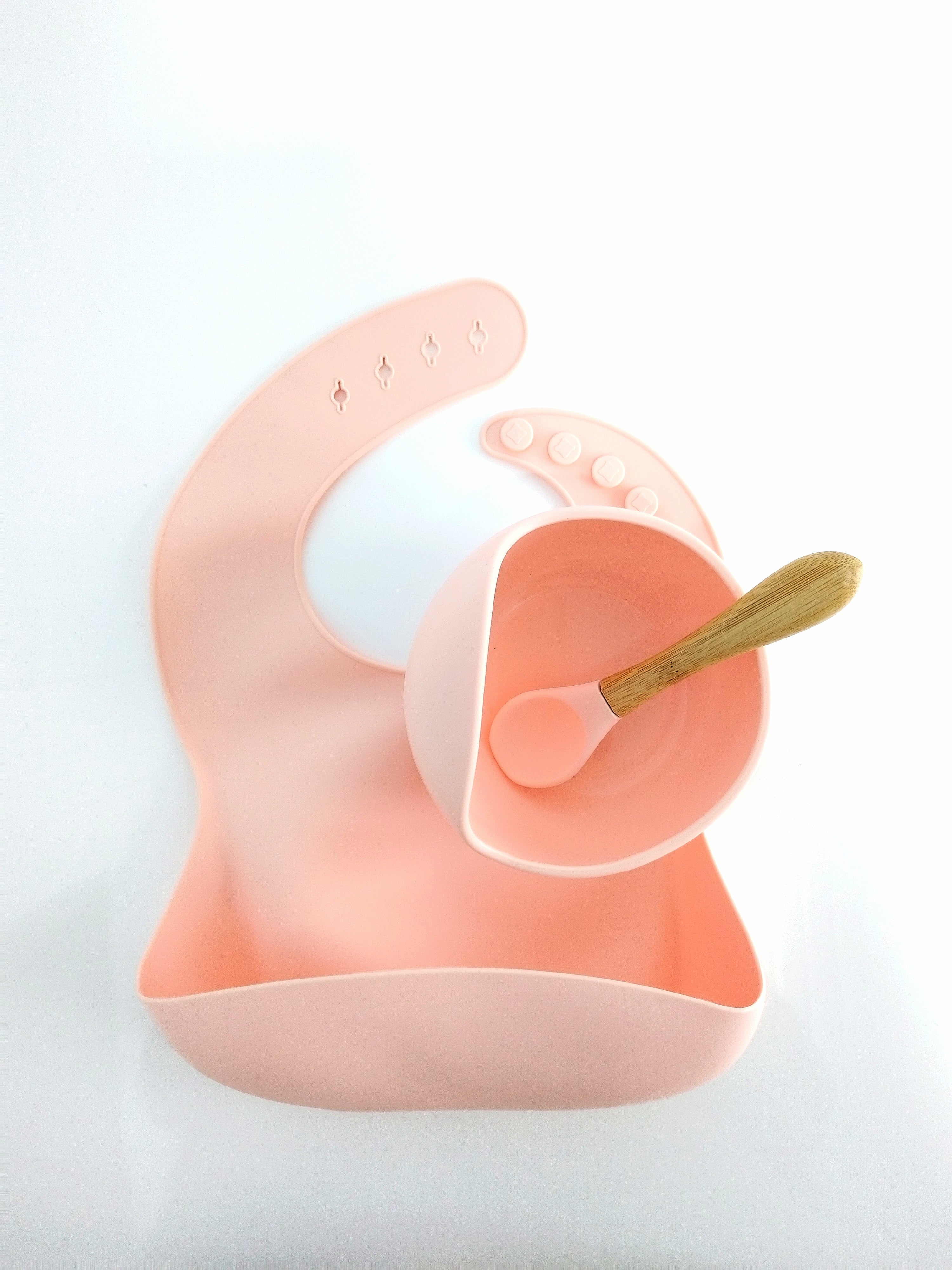 Set diversificare bebelusi (baveta, bol și linguriță) – Peach, 6 luni+, silicon